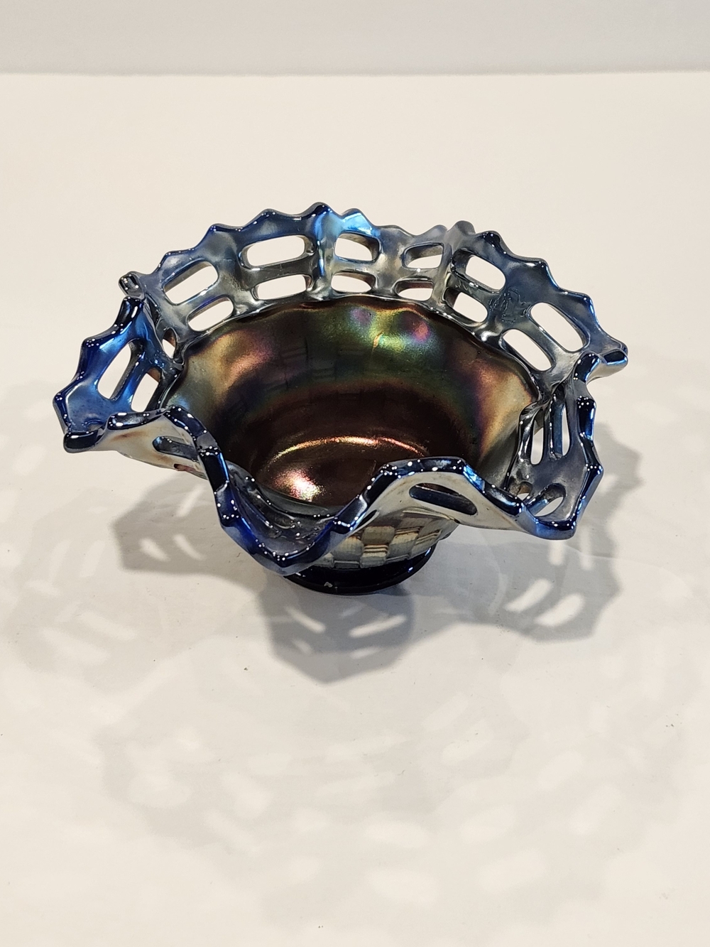 Vintage Fenton Cobalt Carnival Glass Basketweave Bowl